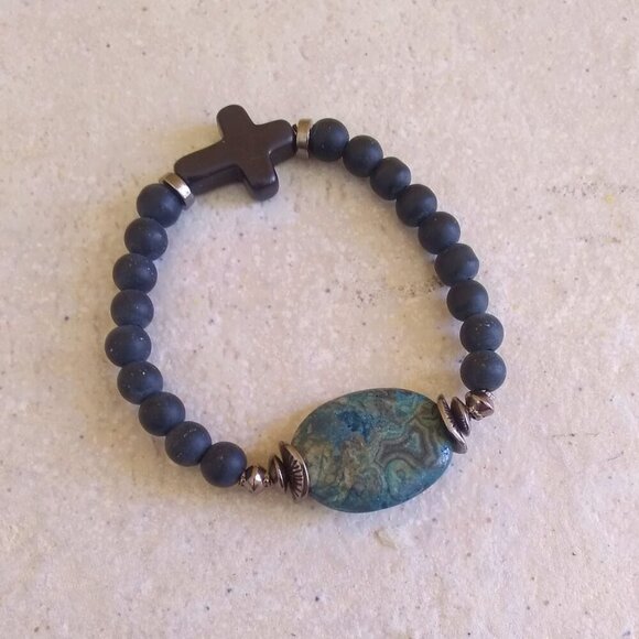 Blue Gray & Black - Crazy Lace Agate + Cross Bracelet - 6-6.5" Wrists ~ Faith! - Picture 4 of 8
